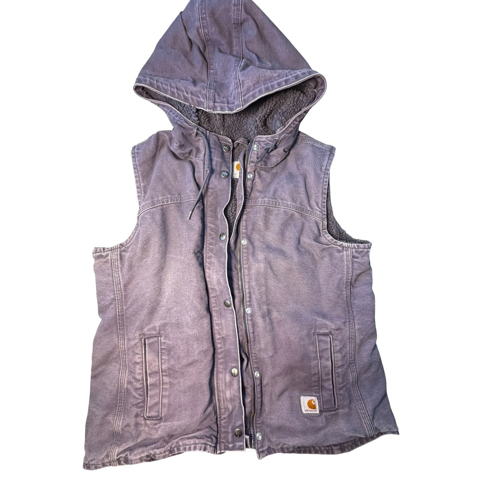 Vtg Carhartt Women's Sandstone Duck Sherpa Lined Hooded Vest Faded Gray Lilac - Picture 2 of 10